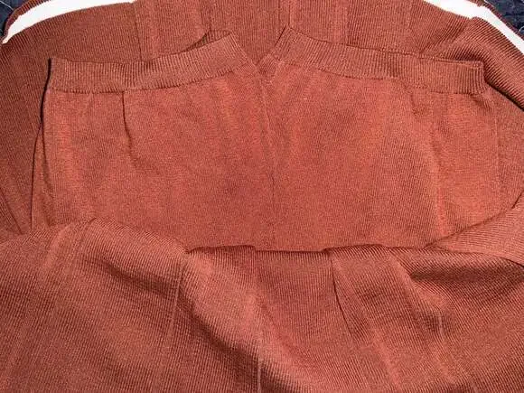 Daisy Two-Piece Knit Skirt Set Brown with White Contrast Trim and Gold Buttons - Picture 7 of 7